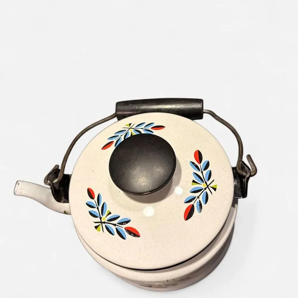 Vintage Retro White enamel tea kettle with fruit basket